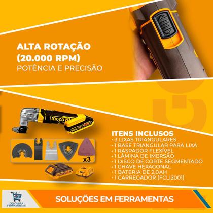 Imagem de Multiferramenta Oscilante A Bateria CMLI20228 Ingco 20V Com 6 Velocidades Até 20000RPM Ângulo de Oscilação 3.2 Graus Com Bateria 2.0Ah e acessórios