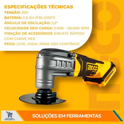 Imagem de Multiferramenta Oscilante A Bateria CMLI20228 Ingco 20V Com 6 Velocidades Até 20000RPM Ângulo de Oscilação 3.2 Graus Com Bateria 2.0Ah e acessórios