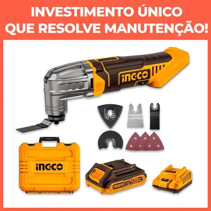 Imagem de Multiferramenta Oscilante A Bateria CMLI20228 Ingco 20V Com 6 Velocidades Até 20000RPM Ângulo de Oscilação 3.2 Graus Com Bateria 2.0Ah e acessórios