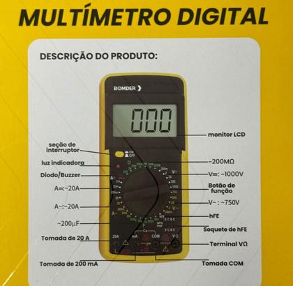 Imagem de Multimetro Digital 19CM Portátil Profissional Display Lcd Com Capacímetro