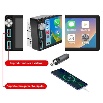 Imagem de Multimídia 1 Din Tela 6.9 Full Com Android Auto, CarPlay, Botão de volume, USB-C, Espelhamento C Fio