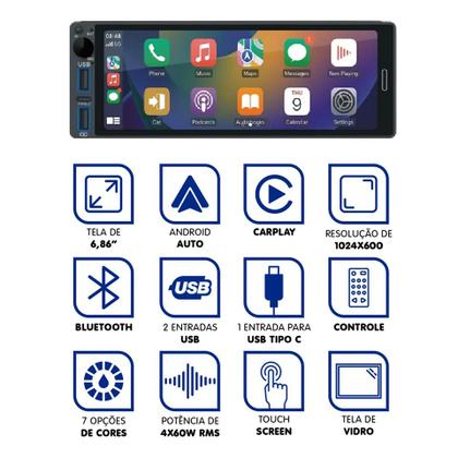 Imagem de Multimídia 1 Din Tela 6.9 Full Com Android Auto, CarPlay, Botão de volume, USB-C, Espelhamento C Fio