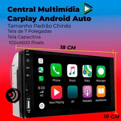 Imagem de Multimídia 7" Polegadas Car Play/Android Auto - JR8 + Câmera de Ré Colorida Universal Preta