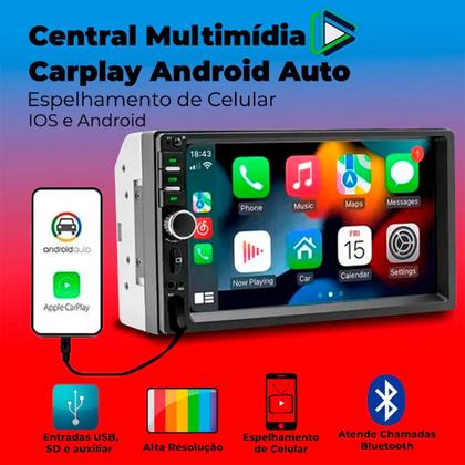 Imagem de Multimídia 7" Polegadas Car Play/Android Auto - JR8 + Câmera de Ré Colorida Universal Preta