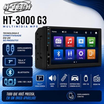 Imagem de Multimídia 7 Polegadas Full Touch 2 Din MP5 Espelhamento Celular Android e IOS Com Fio Bluetooth Controle Remoto H-Tech