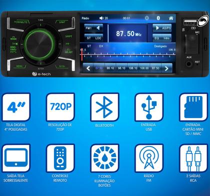 Imagem de Multimídia MP5 1 Din E-Tech 4" Polegadas Bluetooth USB + Câmera de Ré