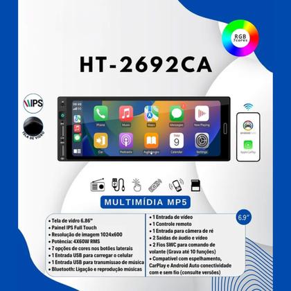 Imagem de Multimídia MP5 1Din Tela de 6.86" 4X60W RMS Espelhamento, CarPlay e Android Auto H-Tech - HT-2692CA