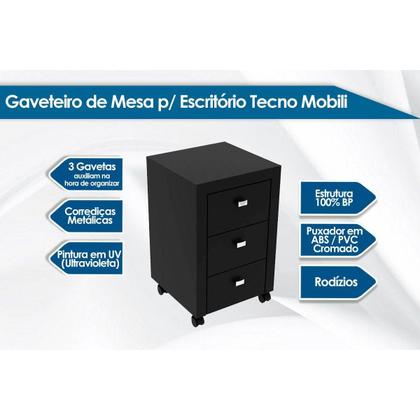 Imagem de Multiuso Escritório ME4108 c/ 3 Gavetas e Rodízios Preto - Tecno Mobili