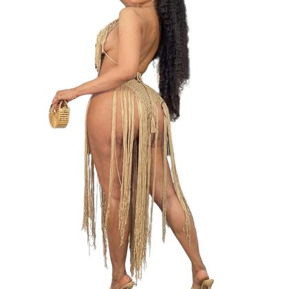 Imagem de N-E0911-Vestido Crochê Colado Sexy Franja Festa Balada Carnaval Tricô Saída Praia Justo