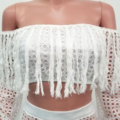 Imagem de N-E1001-Conjunto Saída Praia Feminina Saia Top cropped Festa Luxo Tricô Franja Festa Balada Carnaval