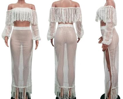 Imagem de N-E1001-Conjunto Saída Praia Feminina Saia Top cropped Festa Luxo Tricô Franja Festa Balada Carnaval