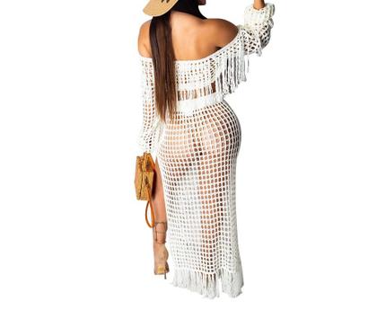 Imagem de N-E1001-Conjunto Saída Praia Feminina Saia Top cropped Festa Luxo Tricô Franja Festa Balada Carnaval