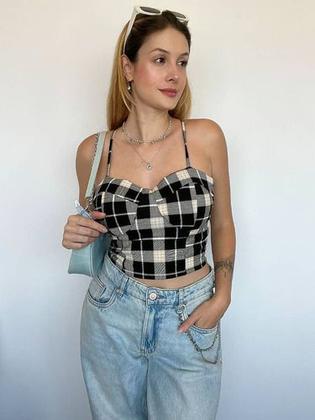 Imagem de N1085-Blusa Top Cropped Luxo Festa Junina Xadrez Alcinha 5mr1405