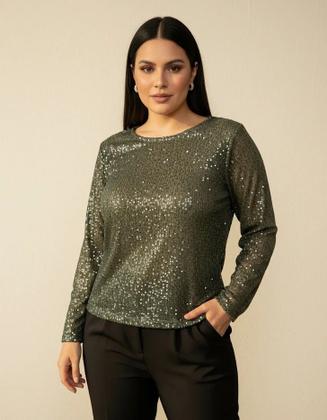 Imagem de N1314-Blusa Festa Luxo Paetê Manga Longa Gola Redonda Leve 4d1605