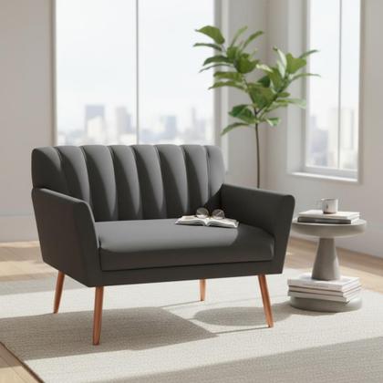 Imagem de Namoradeira Decorativa Cecília Suede Cinza 2 Lugares Pés Madeira Mz Decor
