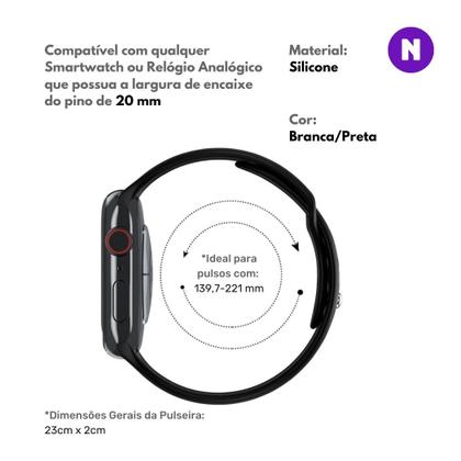 Imagem de NERDCASE, Pulseira NK de Silicone, Compatível com Samsung Galaxy Watch, Pino 20mm, Branca e Preta
