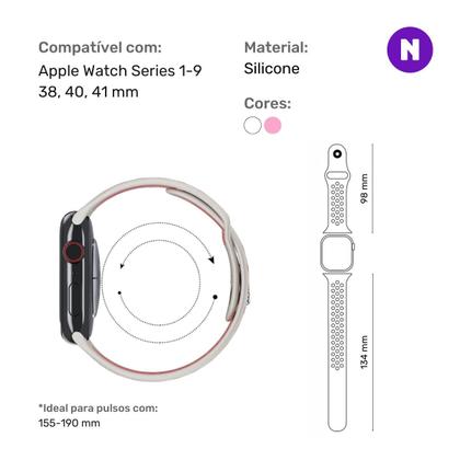 Imagem de NERDCASE, Pulseira NK Furadinha, Silicone, Compatível com Apple Watch, Serie 1-9, 38/40/41mm, Branca e Rosa