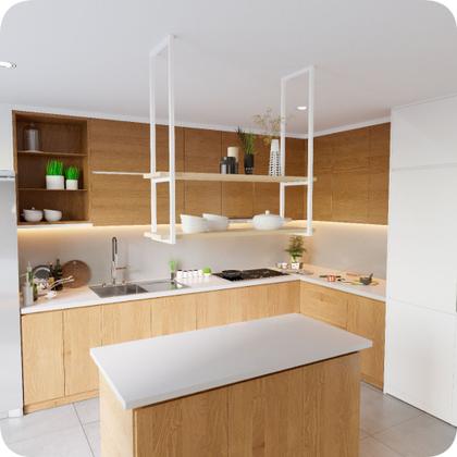 Imagem de Nicho Branco Prateleira Suspensa Teto Cozinha Madeira 1.20mt