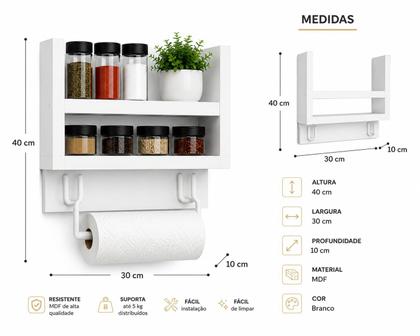 Imagem de Nicho Porta Papel Toalha e Condimentos Potes, Cozinha, Banheiro, MDF BRANCO