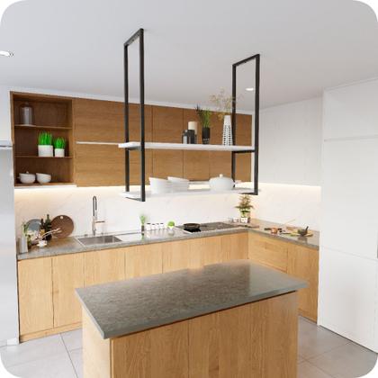 Imagem de Nicho Preto Prateleira Suspensa Teto Cozinha Branca 1.20mt