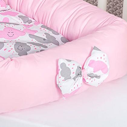 Imagem de Ninho Redutor Berço para bebê Nuvem Rosa Chuva De Amor Menina 4 Peças com Travesseiro