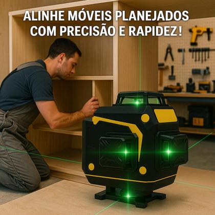 Imagem de Nível A Laser 12 Linhas 40m 3D Verde Recarregável 2 Baterias Com Maleta Reforçada