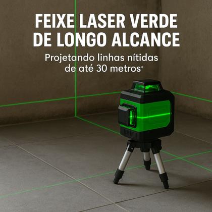 Imagem de Nível A Laser 12 Linhas 40m 3D Verde Recarregável 2 Baterias Tripé Profissional Com Maleta Reforçada