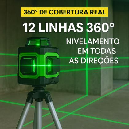Imagem de Nível A Laser 12 Linhas 40m 3D Verde Recarregável 2 Baterias Tripé Profissional Com Maleta Reforçada