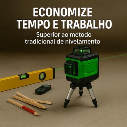 Imagem de Nível A Laser 12 Linhas 40m 3D Verde Recarregável 2 Baterias Tripé Profissional Com Maleta Reforçada