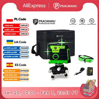 Imagem de Nível a Laser 12 Linhas Pracmanu - Verde, Auto-nivelamento, Horizontal e Vertical