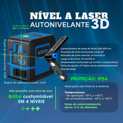 Imagem de Nível A Laser 3d 2 Linhas Para Medições Alcance 10m Bateria Recarregável Auto Ajustável