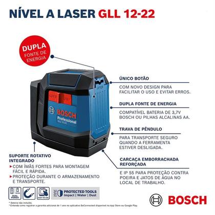 Imagem de Nível a Laser Bosch 2 Linhas Vermelho, Resistente a queda, poeira e respingos, com Bolsa de Transporte  Profissional  GLL 1222