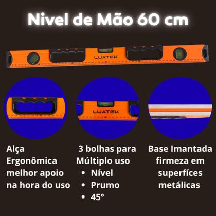Imagem de Nivel Bolha De Aluminio Prumo De Mão Nivelador 60cm 3 Bolhas