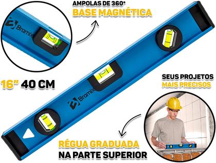 Imagem de Nível De Alumínio Reforçado Com Base Magnética Três Bolhas Profissional 16 Polegadas Bramix