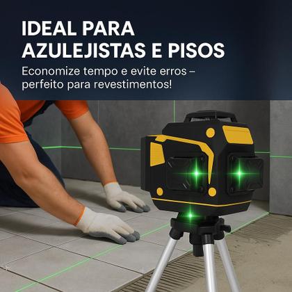 Imagem de Nível Laser 12 Linhas Verde 3D Recarregável 2 Baterias Tripé Profissional
