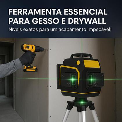 Imagem de Nível Laser 12 Linhas Verde 3D Recarregável 2 Baterias Tripé Profissional