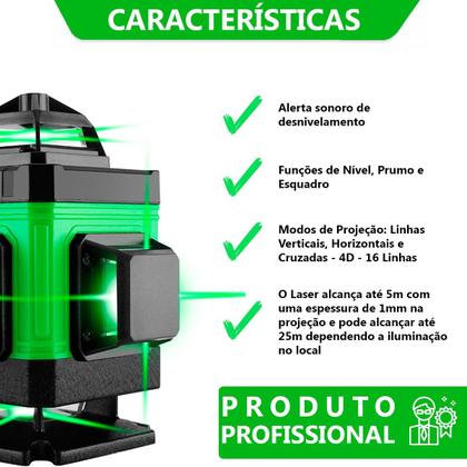 Imagem de Nivel Laser Verde 16 Linhas Azulejista Kit Bateria Maleta Tripé Controle Premium com Nota Fiscal