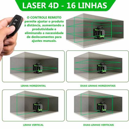 Imagem de Nivel Laser Verde 16 Linhas Azulejista Kit Bateria Maleta Tripé Controle Premium com Nota Fiscal