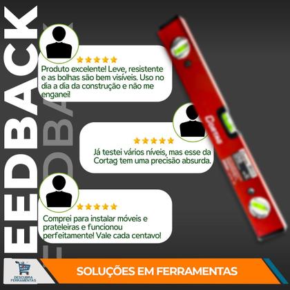 Imagem de Nível Manual de Alumínio Cortag 3 Bolhas 50 Cm Sem Base Magnética Nivelamento Horizontal, Vertical e 45º Pedreiros Construção Civil Vermelho 60241