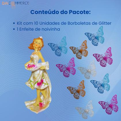 Imagem de Noiva em Resina + Kit 10 Borboletas Decoração Cores Variadas