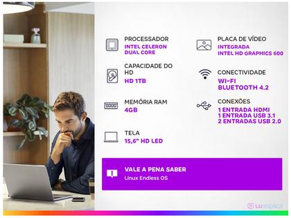 Imagem de Notebook Acer ASPIRE 3 A315-34-C6ZS Intel Celeron N4000 4GB RAM 1TB HD 15,6' Endless OS