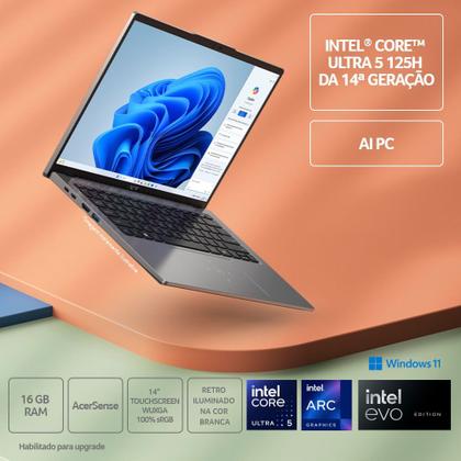 Imagem de Notebook Acer Swift GO SFG14-73T-54KB Core Ultra 5 14ª G. AI CoPilot Windows 11 Home 16GB 512SSD 14” WUXGA Touch