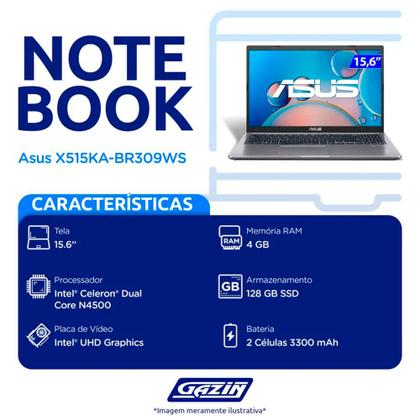 Imagem de Notebook Asus Intel Celeron N4500 W11 4GB 128GB SSD X515KA-BR309WS