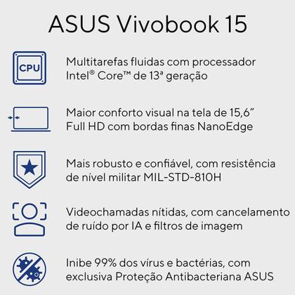 Imagem de Notebook Asus VivoBook 15, 13ªGer, IntelCore i5, 8GB, 512GB SSD, W11 Home, 15.6'' FHD, Cool Silver - X1504VA-NJ1740W