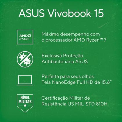 Imagem de Notebook ASUS Vivobook 15 M1502, AMD Ryzen 7 5825U, 16GB RAM, 512 GB SSD, KeepOS, Tela 15.6, FHD, Cool Silver - M1502YA-NJ612