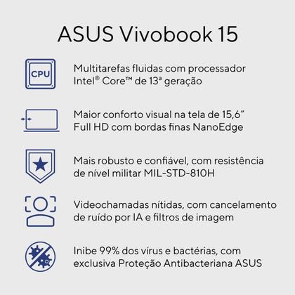 Imagem de Notebook ASUS Vivobook 15 X1504VA Intel Core i5 1334U 8Gb Ram 256GB SSD Linux KeepOS Intel Iris Xe Tela 15,6" LED FHD Silver - NJ1739