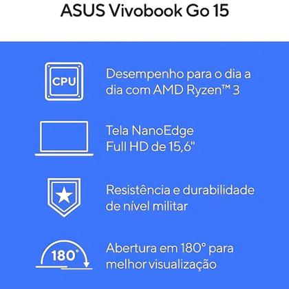 Imagem de Notebook ASUS Vivobook Go 15, AMD Ryzen 3 7320U, 4GB, 128GB SSD, KeepOS, 15,6" LED FHD, Mixed Black