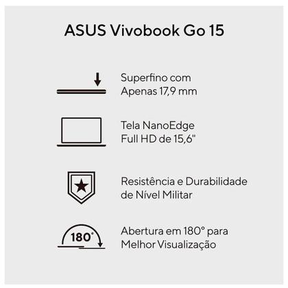 Imagem de Notebook Asus Vivobook Go 15, Intel Core i3-N305, 8GB/512 SSD W11 Home Tela 15.6" FHD, Cool Silver - E1504GA-NJ435W