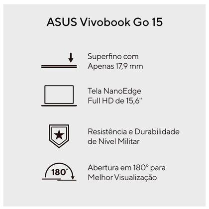 Imagem de Notebook Asus Vivobook Go 15, Intel Core i3-N305, 8GB/512 SSD W11 Home Tela 15.6" FHD, Cool Silver - E1504GA-NJ435W