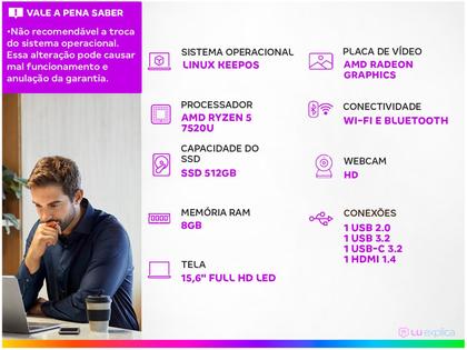 Imagem de Notebook ASUS Vivobook Go E1504FA AMD Ryzen 5 7520U 8GB Ram 512GB SSD Linux KeepOS Tela 15,6" FHD Black - NJ732